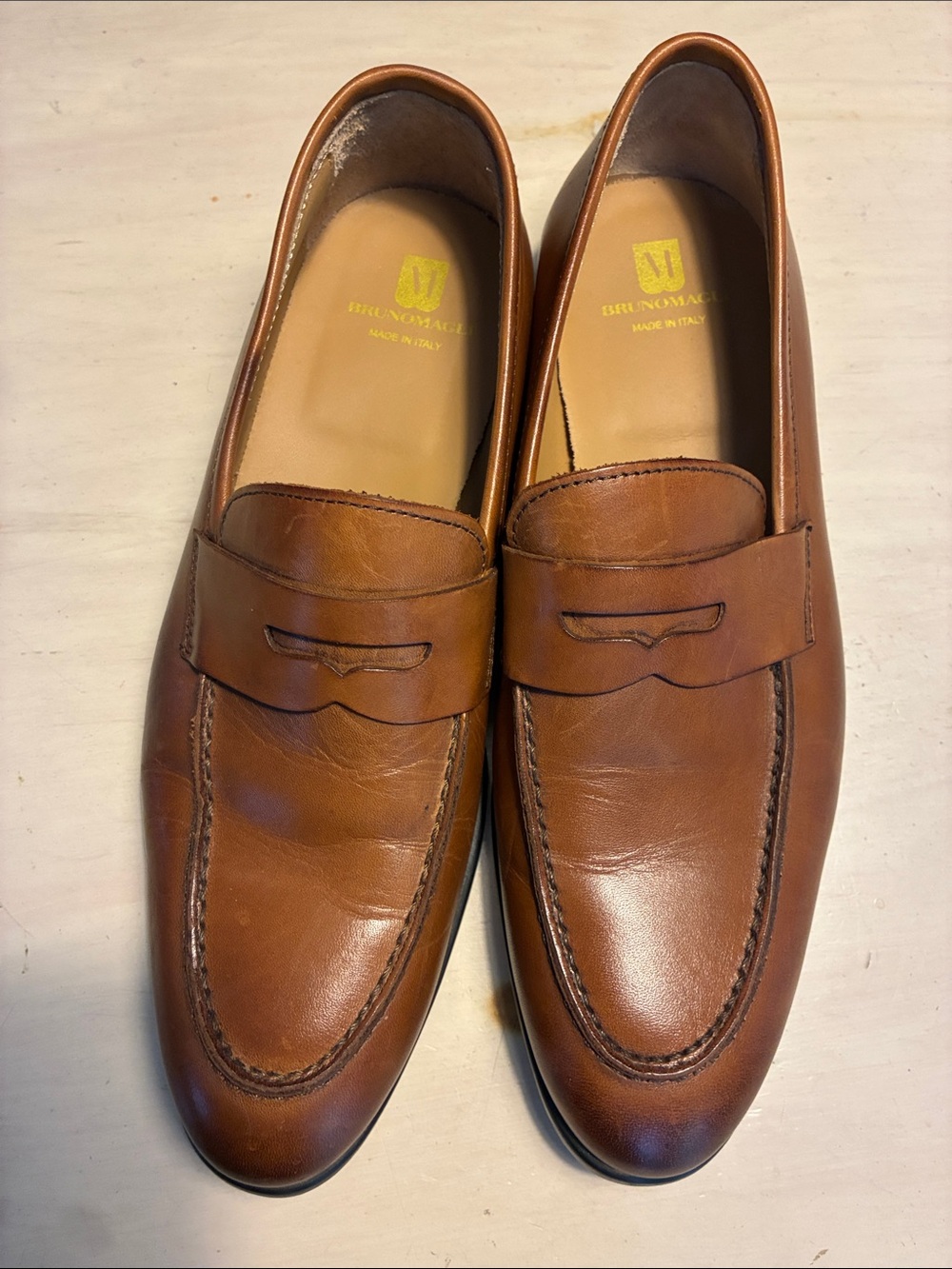 Bruno Magli Ricci Hand-Crafted Italian Cognac Leather Penny Loafers